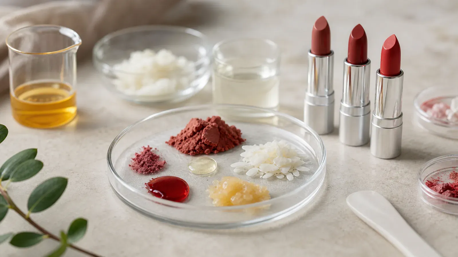 Editorial image for Ingredients in Lipsticks: The anhydrous paste of oils and waxes in which pigments and other colouring agents are dispersed.