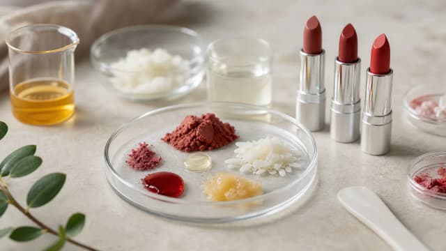 Editorial image for Ingredients in Lipsticks: The anhydrous paste of oils and waxes in which pigments and other colouring agents are dispersed.
