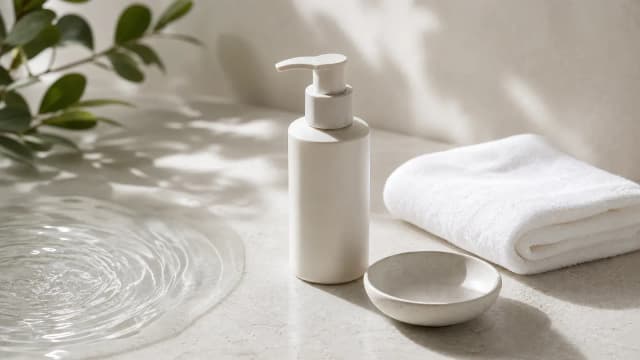 Neutral clinical skincare still life with an unbranded pump bottle, folded towel and water