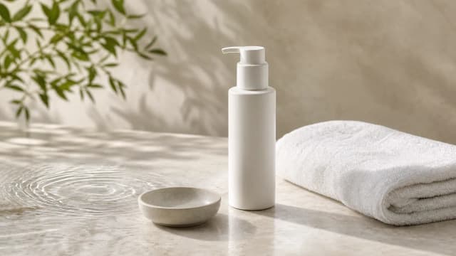 Neutral clinical skincare still life with an unbranded pump bottle, folded towel and water