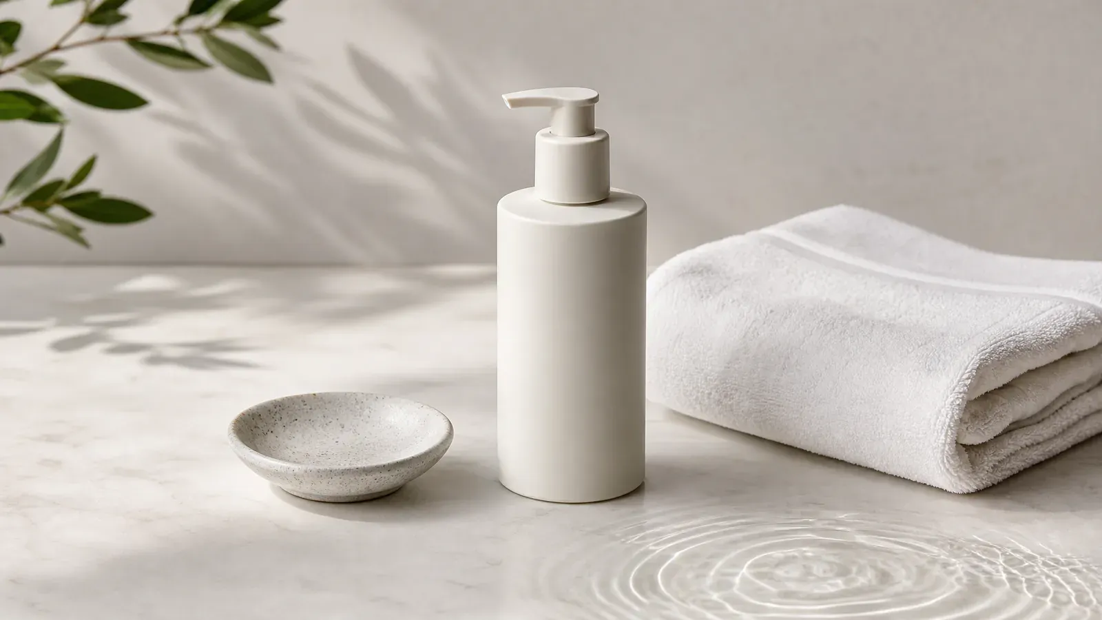 Neutral clinical skincare still life with an unbranded pump bottle, folded towel and water